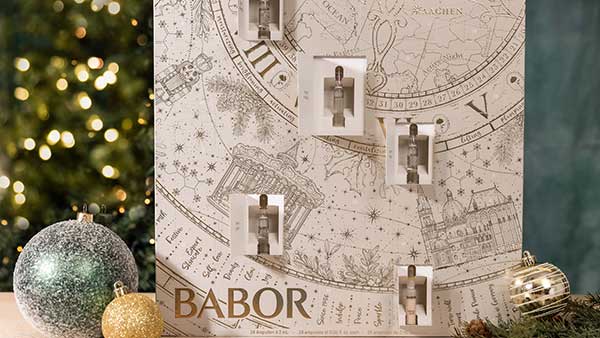Luxury Babor advent calendar displayed with holiday ornaments at The Spa at Gervasi Vineyard, offering premium skincare gifts for the season.