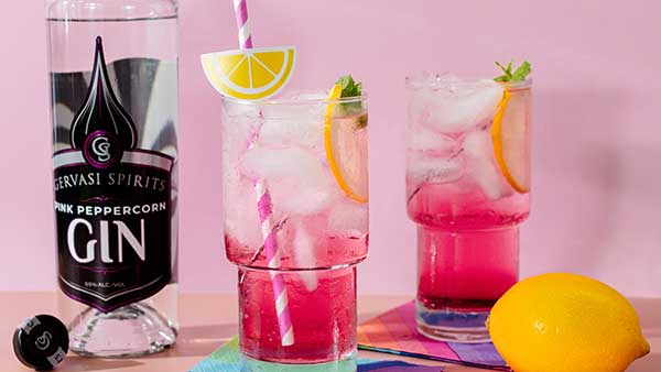 Two refreshing pink gin cocktails garnished with citrus and mint, made with Gervasi Spirits Pink Peppercorn Gin.