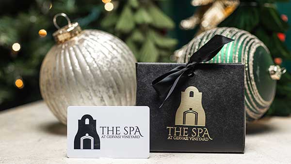 Elegant holiday gift card and packaging from The Spa at Gervasi Vineyard, perfect for spa lovers and relaxation seekers this Christmas.